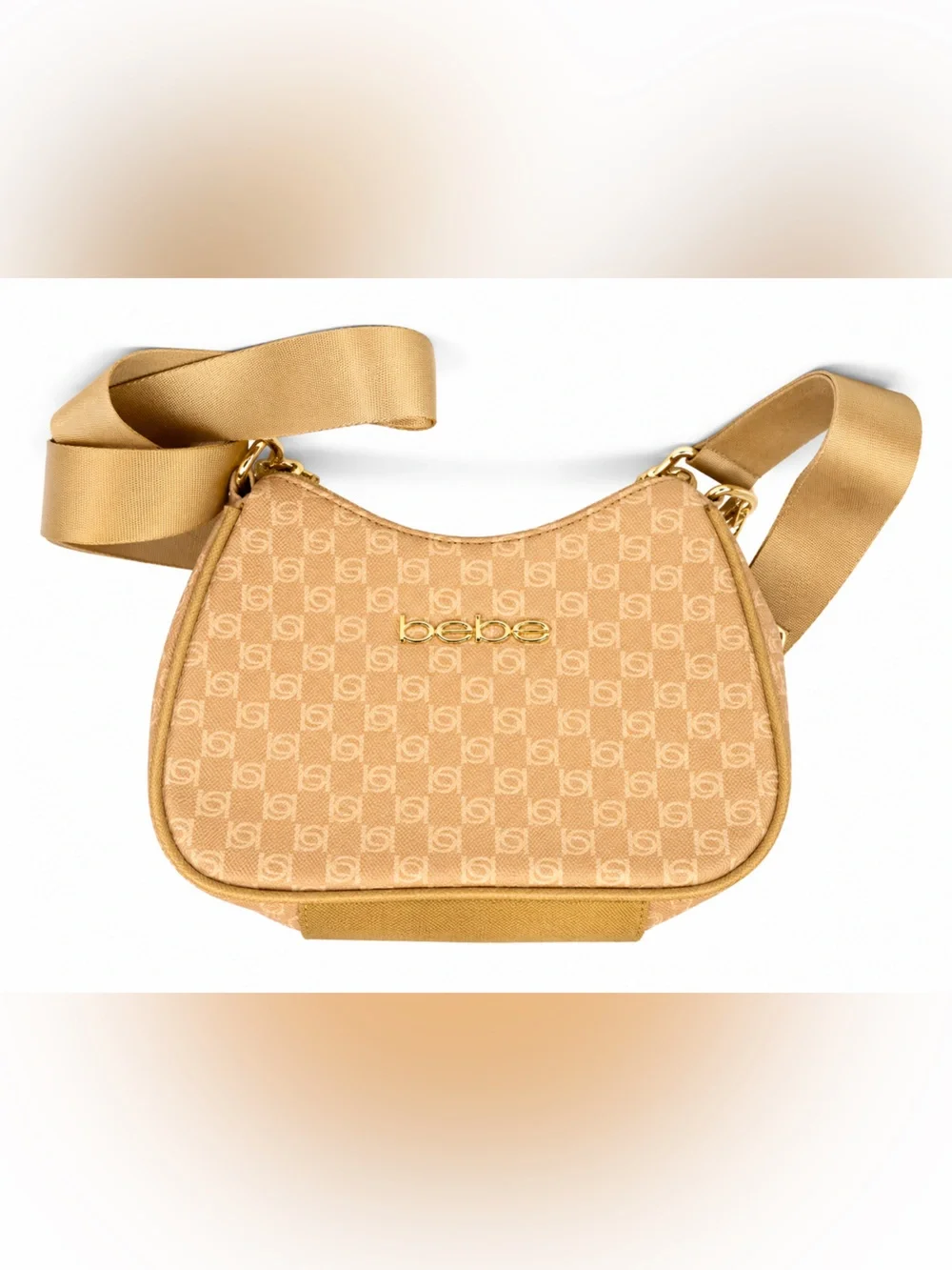bebe Tan Logo-Print Mini Crossbody with Gold Hardware